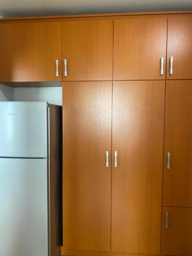 Una cocina con gabinetes de madera y refrigerador. en Central Park Studio, en Piatra Neamţ