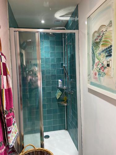 a bathroom with a shower with blue tile at Ancienne ferme Bourguignonne en bord de rivière, grand terrain arboré, et clos in Jailly-les-Moulins