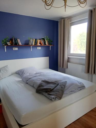 a bedroom with a bed with a blue wall at Ferienhaus Königs Wusterhausen in Königs Wusterhausen