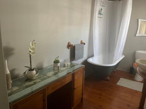 a bathroom with a bath tub and a sink at Sunny private room on the porch in Port Elizabeth