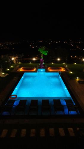 a swimming pool at night with a tree in the middle at Çathan Art Hotel in Ayder Yaylasi