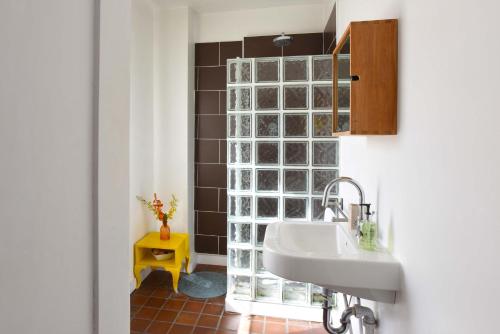 a bathroom with a sink and a glass block wall at Arthouse Canterbury-Free Secure Parking in Canterbury