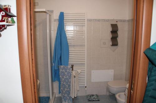a bathroom with a toilet and a blue shower curtain at Casa Dalja in Abetone