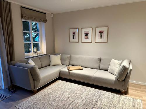 a living room with a couch and a rug at Meerblick Pelzerhaken in Neustadt in Holstein