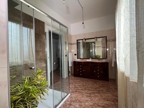 a bathroom with a shower and a sink and a mirror at Resort Amica in Thurio