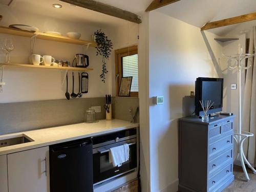a kitchen with a sink and a stove top oven at Cosy 1 bedroom country lodge with free parking in Watlington