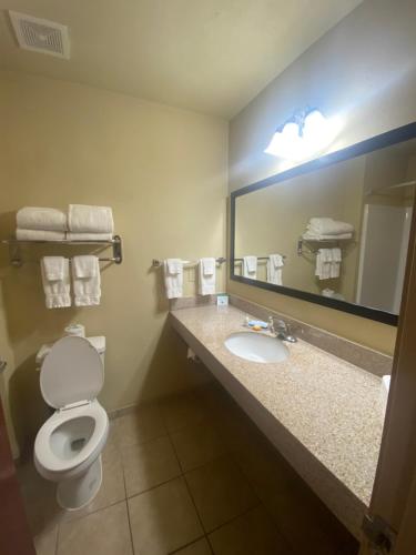 a bathroom with a toilet and a sink and a mirror at Cobblestone Hotel & Suites - Broken Bow in Broken Bow