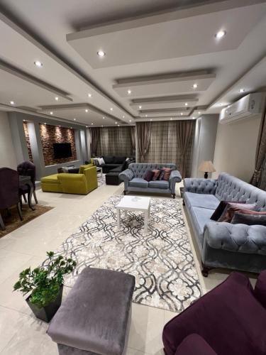 Cozy and Modern Apartment for Rent in Mohandessin في القاهرة: غرفة معيشة كبيرة مع كنب وسجادة
