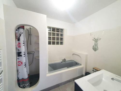 uma casa de banho com uma banheira, um lavatório e um espelho. em L'Orchidée - Cosy Flat, 20min From Paris em Drancy