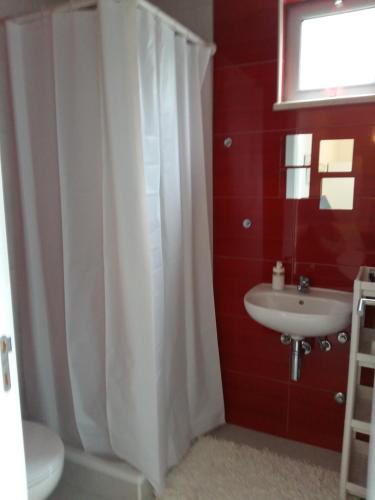 La salle de bains est pourvue d'un rideau de douche blanc et d'un lavabo. dans l'établissement Villas do Rosal, à Boa Vista de Cima