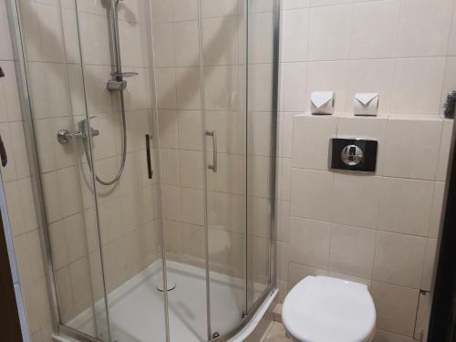 a bathroom with a shower and a toilet at Apartament 307 w 4-gwiazdkowym Hotelu DIVA SPA w Kołobrzegu in Kołobrzeg