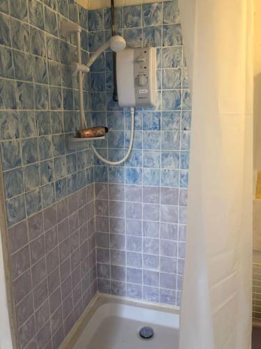 a blue tiled bathroom with a shower and a tub at Mini cabin in a quiet area in London