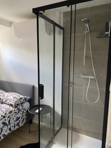 a shower with a glass door next to a bed at Rooftop Terrace Apartment in Amsterdam