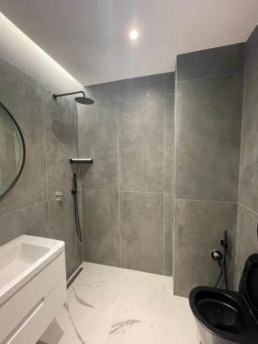 a bathroom with a shower and a toilet and a sink at Ladi Rooms in Tirana