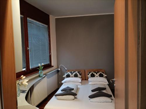 ブダペストにあるCleopatra Apartment Budapestのベッド3台、枕、窓が備わる客室です。