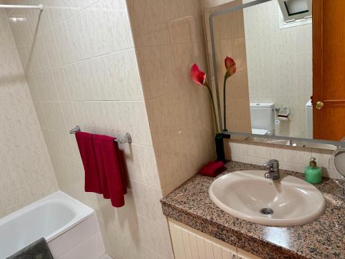 a bathroom with a sink and a red rose at AMADORES BALCONY - WITH OCEAN VIEW. in Amadores