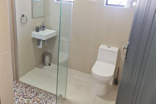 a bathroom with a shower and a toilet and a sink at Three Two in Richards Bay