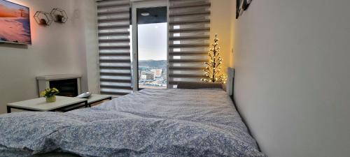 a bedroom with a bed and a window with a view at Apartman Panorama in Bjelašnica