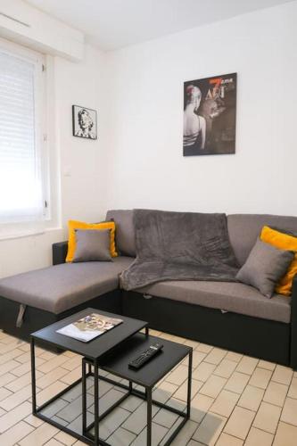 un salon avec un canapé et une table basse dans l'établissement Les Chevalets IV, à Lens