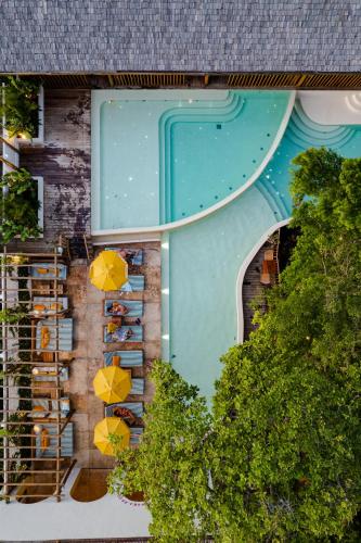 an overhead view of a swimming pool with umbrellas at Café Jeri Hotel - Adults Only in Jericoacoara