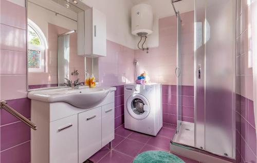 baño rosa con lavadora y lavamanos en Nice Home In Sisan With Kitchen, en Šišan
