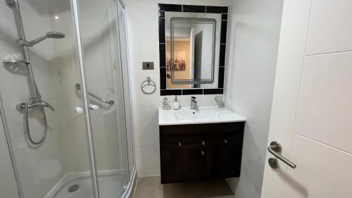a bathroom with a sink and a shower and a mirror at Rengo Central Market in Rengo