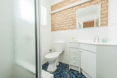 Un baño con inodoro, lavabo y ducha. en Settlers Motor Inn, en Tenterfield