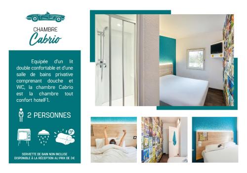 a collage of photos of a hotel room at hotelF1 Fr&eacute;jus Roquebrune sur Argens in Roquebrune-sur-Argens