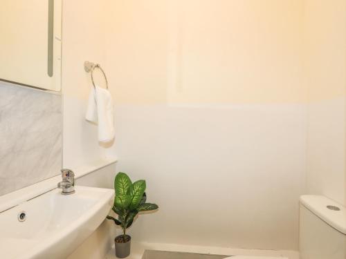 a white bathroom with a sink and a toilet at Gadlys House 62 in Beaumaris