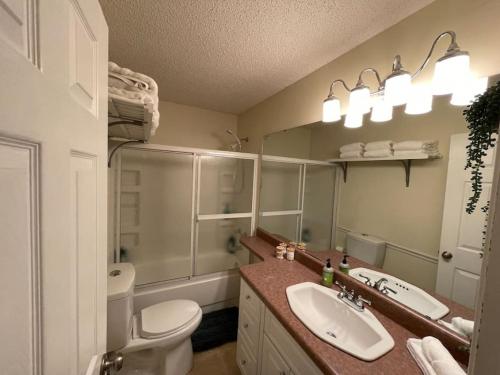 a bathroom with a sink and a toilet and a mirror at 120 Creel Home away from Home for 22 at the Lake in Linn Creek