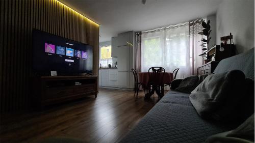 a living room with a couch and a television at Spokojny Wypoczynek 5 in Ostrów Wielkopolski