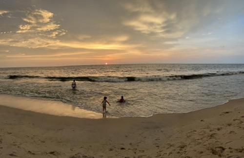 a group of people in the water at the beach at Marari diya homestay in Mararikulam