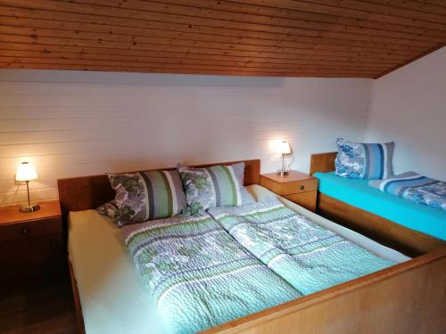 a bedroom with two beds and two lamps on tables at Haus Manuela am Pressegger See in Egg