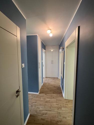 un pasillo vacío con paredes azules y suelo de madera en Abra IV Apartament, en Poznan
