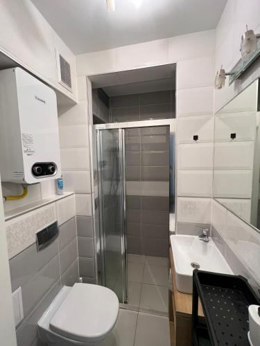 y baño con ducha, aseo y lavamanos. en Abra IV Apartament, en Poznan
