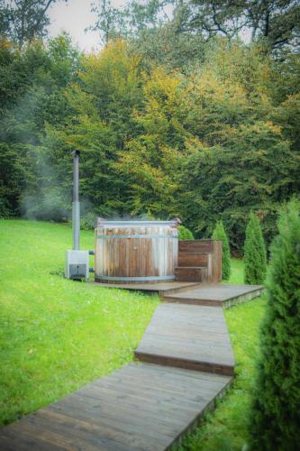 a hot tub in the middle of a garden at Hunter Vip in Reghin