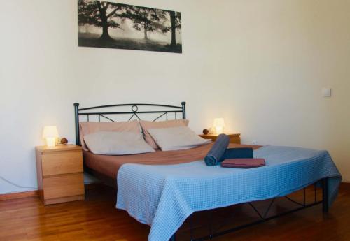 - une chambre avec un lit doté d'une couverture bleue dans l'établissement Penthouse with Sea View, à Athènes