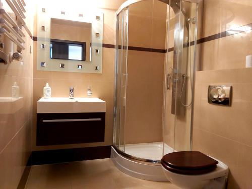een badkamer met een douche, een toilet en een wastafel bij Apartament Żaglowce in Kołobrzeg