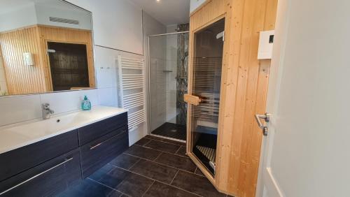 uma casa de banho com um chuveiro, um lavatório e um espelho. em Luxusferienhaus Seevilla Monaco am Fleesensee em Göhren-Lebbin