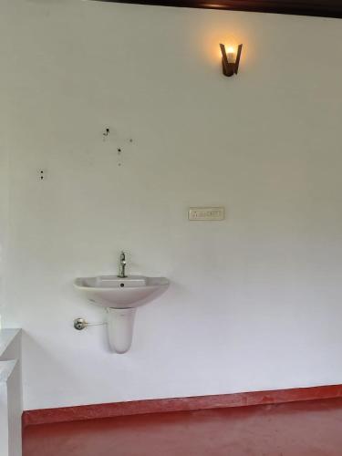 a bathroom with a sink on a white wall at Marari diya homestay in Mararikulam