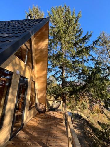 a house with a tree on the porch at Hovanka in Yaremche