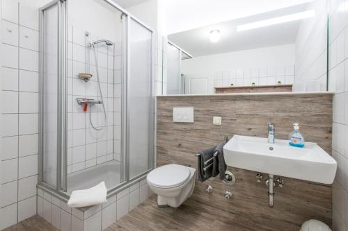 La salle de bains est pourvue de toilettes, d'un lavabo et d'une douche. dans l'établissement Apartment an der Wurmbergseilbahn 2, à Braunlage