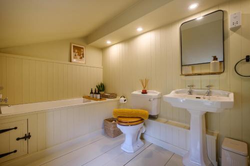 La salle de bains est pourvue d'un lavabo, de toilettes et d'un miroir. dans l'établissement Woodside Cottage - Cartmel Fell, Windermere, à Windermere