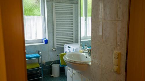 La petite salle de bains est pourvue d'un lavabo et d'un miroir. dans l'établissement Ferienwohnung Claudia, à Salzbourg