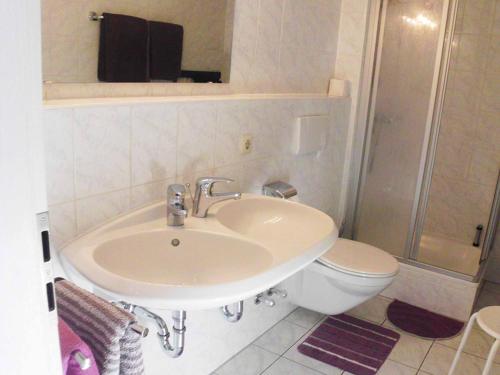 een badkamer met een wastafel, een toilet en een douche bij Appartementhaus Viktoria in Bad Birnbach
