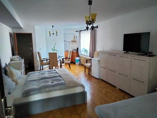 a living room with a bed and a television and a table at Pod Piramidą in Ługniany