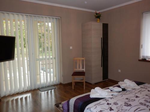 a bedroom with a bed and a large window at Luxury Villa Heviz in Hévíz