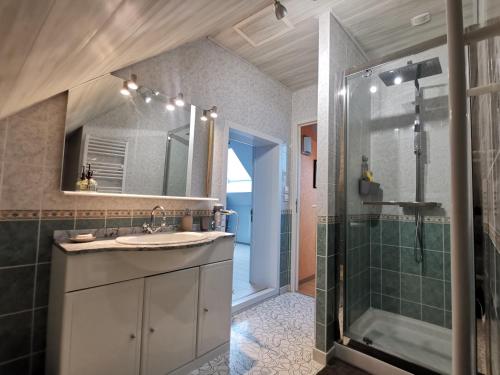 a bathroom with a sink and a shower at Les Arches. in Méneslies