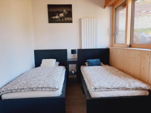 een slaapkamer met 2 bedden en een raam bij Le Fleuron - Cosy and well centered - 6 ppl in Nendaz