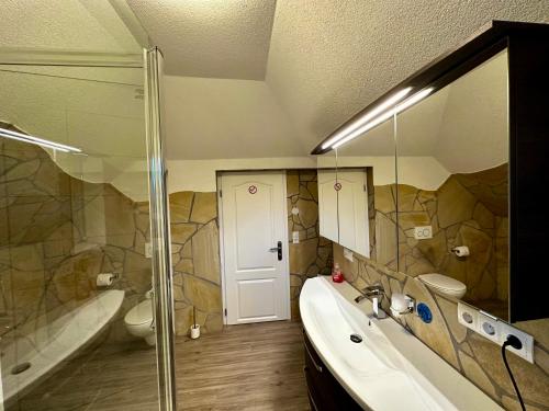 a bathroom with a shower and a sink and a toilet at Europa Pension zum Grünen Baum in Rust